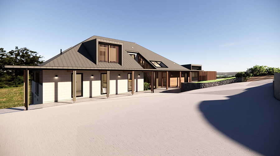 View from driveway.Render of house alterations by architect duval Oneill